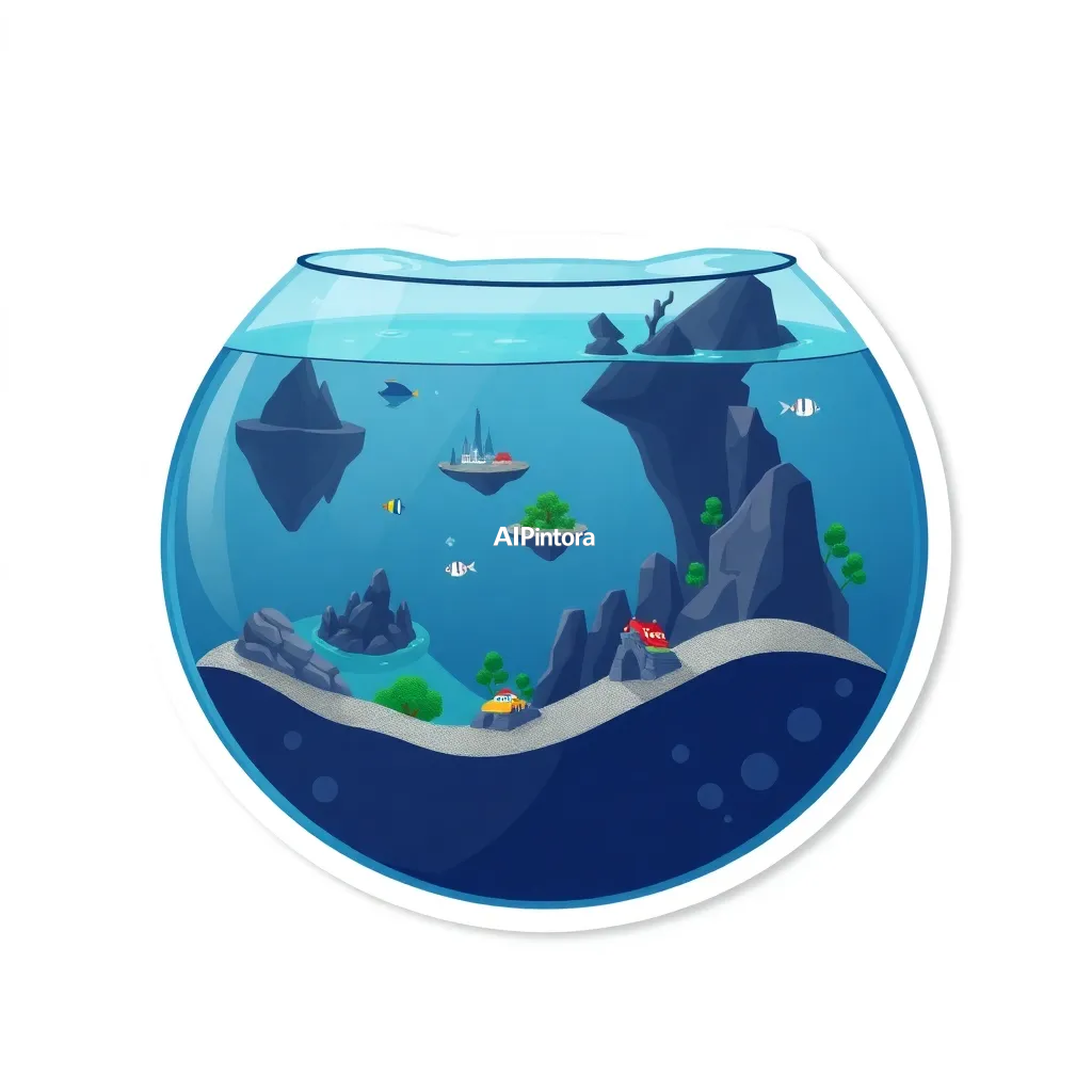 premium die-cut vinyl sticker illustration of a floating aquarium containing miniature oceans and islands,
    centered isolated artwork, thick bold white outline, glossy sticker finish,
    clean vector cartoon style, cute collectible design, etsy bestseller sticker style,
    vibrant colors, simple readable silhouette, smooth shapes,
    printable sticker pack quality, plain clean background,
    no mockup, no product photo, no background scene, no complex environment, masterpiece, best quality, ultra detailed, sharp focus, cinematic lighting, volumetric lighting, depth of field, global illumination, professional color grading, hyper detailed textures, clean composition, premium visual quality, award winning artwork, 8k