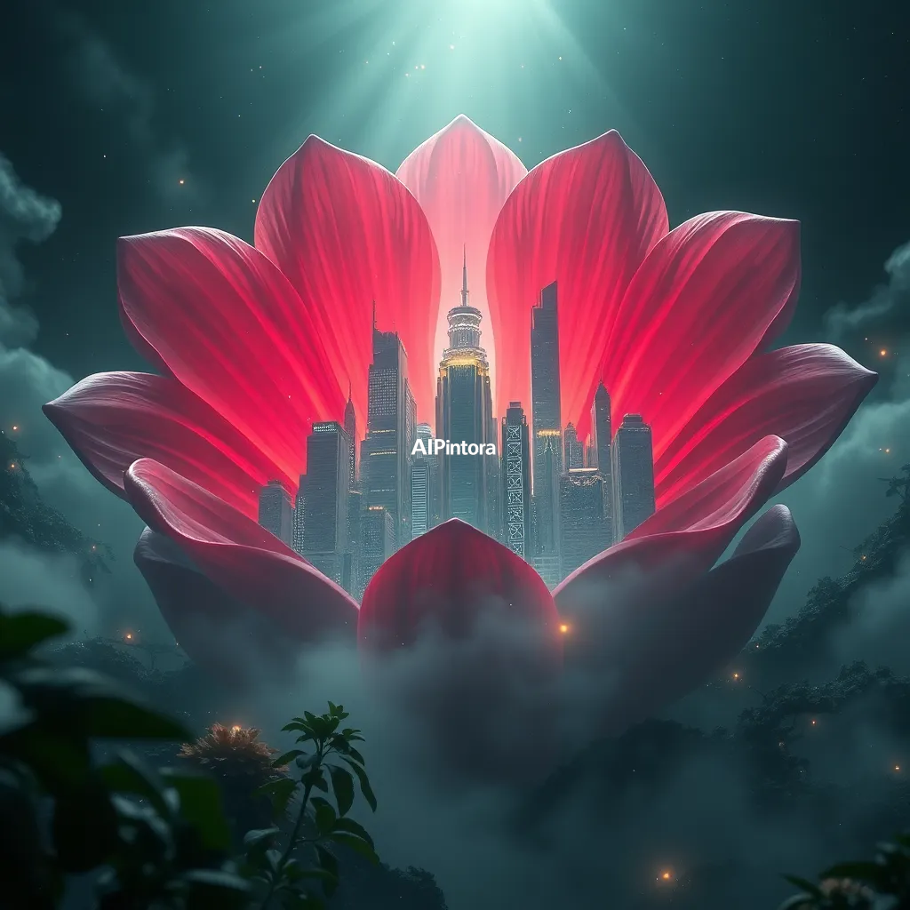 cinematic ultra detailed wallpaper of a futuristic city growing inside a giant flower bloom,
    immersive environment, epic wide composition, strong depth, atmospheric perspective,
    dramatic cinematic lighting, volumetric fog, particles, realistic shadows,
    vibrant professional color grading, beautiful background scene,
    desktop and mobile wallpaper quality, wallpaper engine style,
    no text, no watermark, no logo, masterpiece, best quality, ultra detailed, sharp focus, cinematic lighting, volumetric lighting, depth of field, global illumination, professional color grading, hyper detailed textures, clean composition, premium visual quality, award winning artwork, 8k