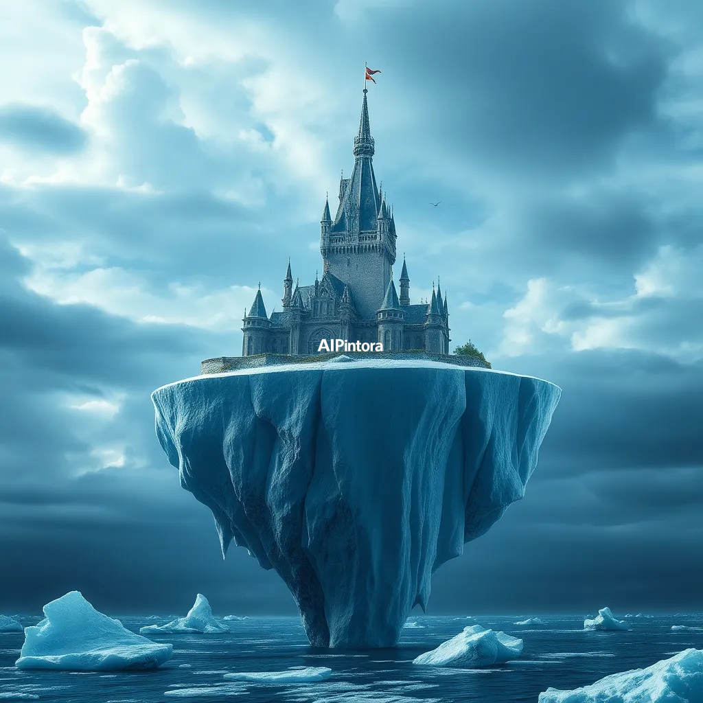 masterpiece surreal concept artwork of ancient castle suspended beneath a floating iceberg,
    eye catching visual idea, creative object fusion, impossible design concept,
    cinematic storytelling, strong focal subject, beautiful environment,
    dramatic lighting, rich atmosphere, premium digital painting,
    viral social media artwork, highly clickable composition, masterpiece, best quality, ultra detailed, sharp focus, cinematic lighting, volumetric lighting, depth of field, global illumination, professional color grading, hyper detailed textures, clean composition, premium visual quality, award winning artwork, 8k