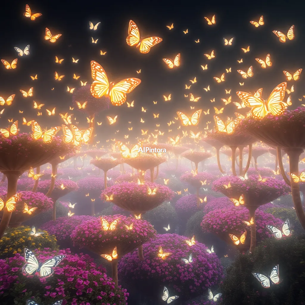 masterpiece surreal concept artwork of floating gardens illuminated by thousands of glowing butterflies,
    eye catching visual idea, creative object fusion, impossible design concept,
    cinematic storytelling, strong focal subject, beautiful environment,
    dramatic lighting, rich atmosphere, premium digital painting,
    viral social media artwork, highly clickable composition, masterpiece, best quality, ultra detailed, sharp focus, cinematic lighting, volumetric lighting, depth of field, global illumination, professional color grading, hyper detailed textures, clean composition, premium visual quality, award winning artwork, 8k