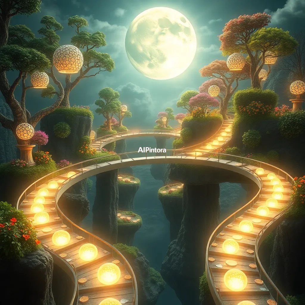 masterpiece surreal concept artwork of floating gardens connected by bridges made of moonlight,
    eye catching visual idea, creative object fusion, impossible design concept,
    cinematic storytelling, strong focal subject, beautiful environment,
    dramatic lighting, rich atmosphere, premium digital painting,
    viral social media artwork, highly clickable composition, masterpiece, best quality, ultra detailed, sharp focus, cinematic lighting, volumetric lighting, depth of field, global illumination, professional color grading, hyper detailed textures, clean composition, premium visual quality, award winning artwork, 8k