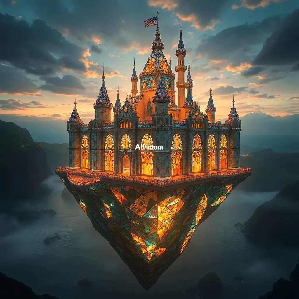 masterpiece surreal concept artwork of a floating castle built entirely from stained glass,
    eye catching visual idea, creative object fusion, impossible design concept,
    cinematic storytelling, strong focal subject, beautiful environment,
    dramatic lighting, rich atmosphere, premium digital painting,
    viral social media artwork, highly clickable composition, masterpiece, best quality, ultra detailed, sharp focus, cinematic lighting, volumetric lighting, depth of field, global illumination, professional color grading, hyper detailed textures, clean composition, premium visual quality, award winning artwork, 8k