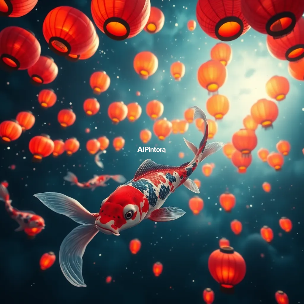 cinematic ultra detailed wallpaper of giant koi fish swimming through a galaxy filled with lanterns,
    immersive environment, epic wide composition, strong depth, atmospheric perspective,
    dramatic cinematic lighting, volumetric fog, particles, realistic shadows,
    vibrant professional color grading, beautiful background scene,
    desktop and mobile wallpaper quality, wallpaper engine style,
    no text, no watermark, no logo, masterpiece, best quality, ultra detailed, sharp focus, cinematic lighting, volumetric lighting, depth of field, global illumination, professional color grading, hyper detailed textures, clean composition, premium visual quality, award winning artwork, 8k