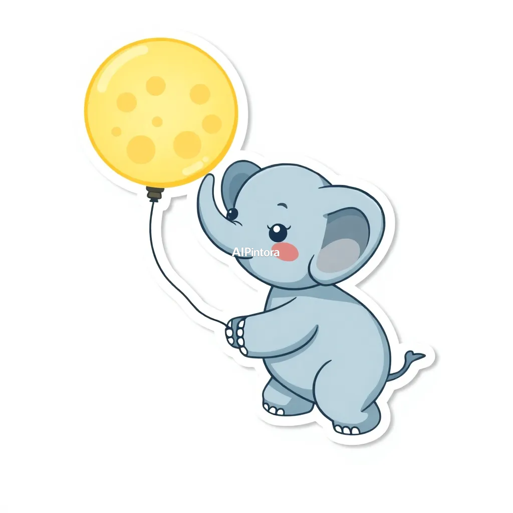 premium die-cut vinyl sticker illustration of cute baby elephant sticker holding a balloon shaped like the moon,
    centered isolated artwork, thick bold white outline, glossy sticker finish,
    clean vector cartoon style, cute collectible design, etsy bestseller sticker style,
    vibrant colors, simple readable silhouette, smooth shapes,
    printable sticker pack quality, plain clean background,
    no mockup, no product photo, no background scene, no complex environment, masterpiece, best quality, ultra detailed, sharp focus, cinematic lighting, volumetric lighting, depth of field, global illumination, professional color grading, hyper detailed textures, clean composition, premium visual quality, award winning artwork, 8k