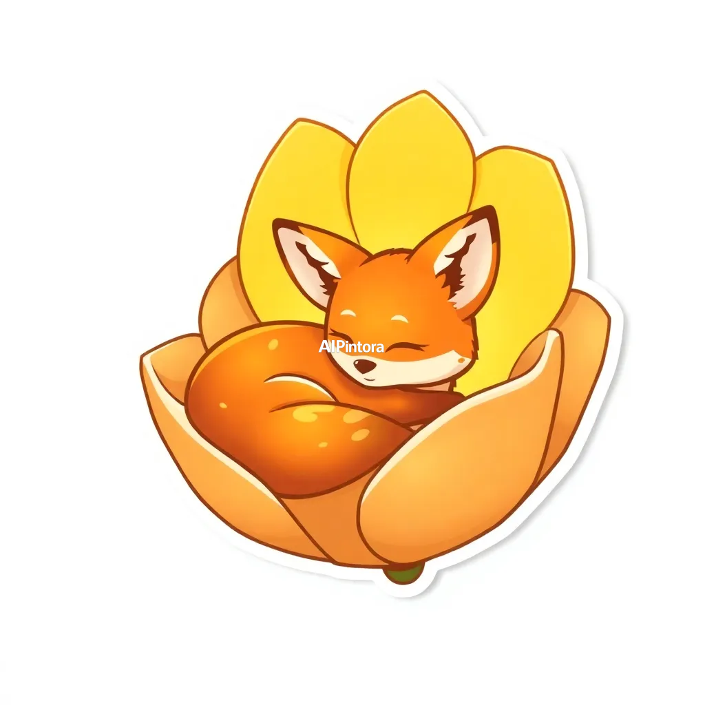 premium die-cut vinyl sticker illustration of cute fox sticker sleeping inside a glowing flower,
    centered isolated artwork, thick bold white outline, glossy sticker finish,
    clean vector cartoon style, cute collectible design, etsy bestseller sticker style,
    vibrant colors, simple readable silhouette, smooth shapes,
    printable sticker pack quality, plain clean background,
    no mockup, no product photo, no background scene, no complex environment, masterpiece, best quality, ultra detailed, sharp focus, cinematic lighting, volumetric lighting, depth of field, global illumination, professional color grading, hyper detailed textures, clean composition, premium visual quality, award winning artwork, 8k