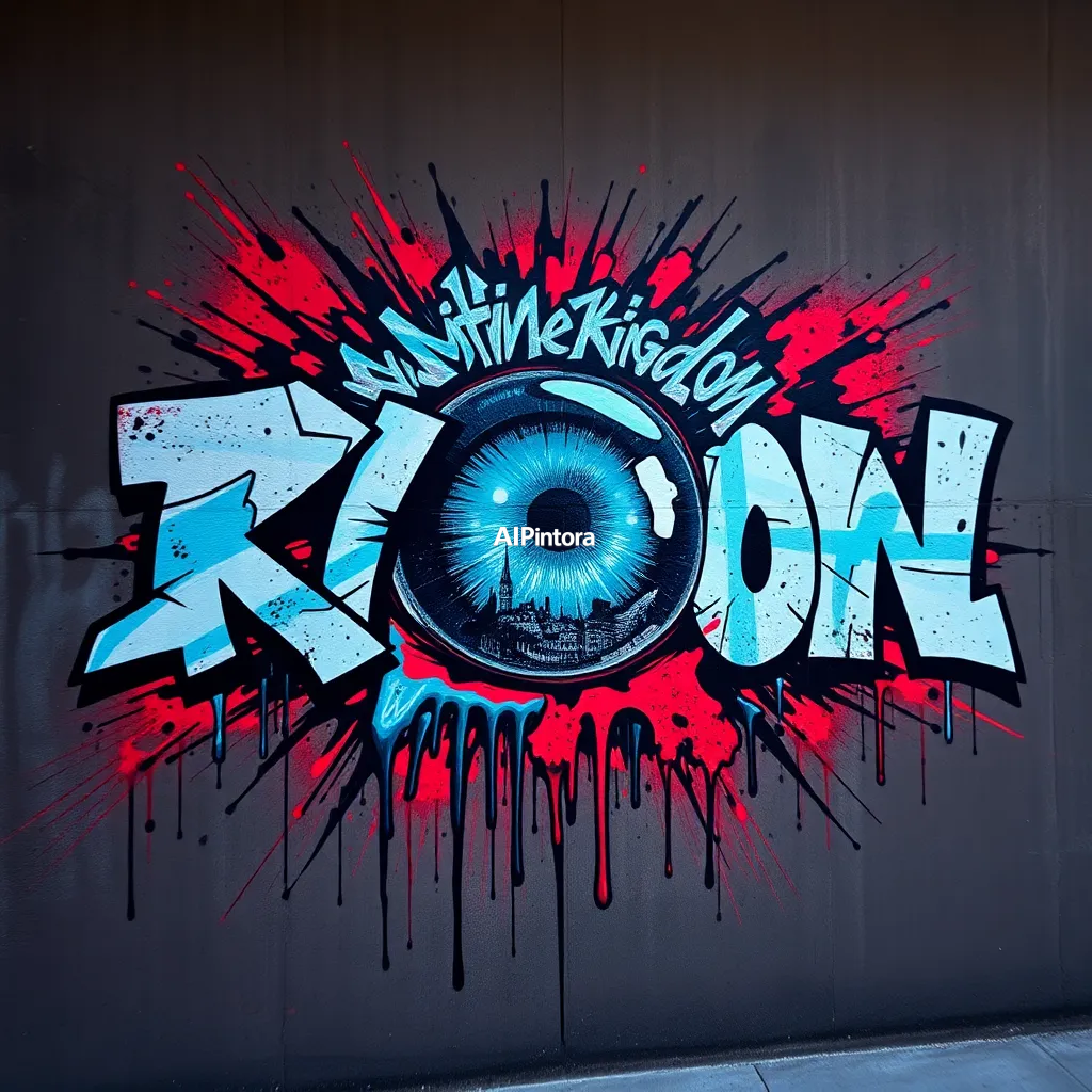 explosive graffiti typography artwork spelling or representing human eye reflecting an entire fantasy kingdom,
    bold 3D lettering, dripping paint textures, spray paint splashes,
    urban wall art energy, dynamic paint explosion, oversized typography focus,
    underground hip hop aesthetic, high contrast street art composition,
    clean readable main subject, premium poster graphic, masterpiece, best quality, ultra detailed, sharp focus, cinematic lighting, volumetric lighting, depth of field, global illumination, professional color grading, hyper detailed textures, clean composition, premium visual quality, award winning artwork, 8k