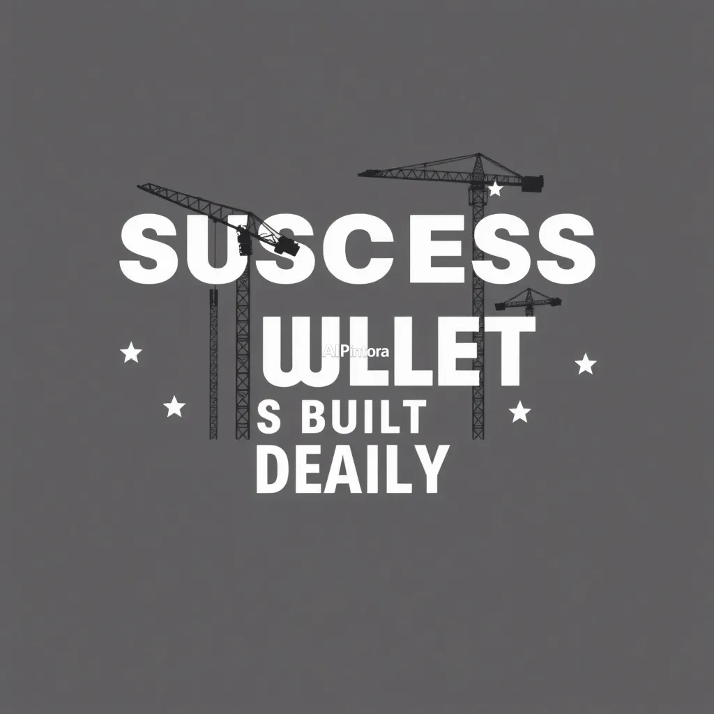 premium printable t-shirt graphic design featuring SUCCESS IS BUILT DAILY typography formed from construction cranes and stars,
    isolated centered artwork, strong silhouette, bold readable composition,
    streetwear apparel graphic, merch by amazon style, commercial print ready,
    high contrast illustration, clean edges, limited background,
    easy background removal, poster quality apparel artwork,
    no model, no person wearing shirt, no t-shirt mockup, no product photo,
    no room background, no messy background, no random extra objects,
    no shadows on background, masterpiece, best quality, ultra detailed, sharp focus, cinematic lighting, volumetric lighting, depth of field, global illumination, professional color grading, hyper detailed textures, clean composition, premium visual quality, award winning artwork, 8k