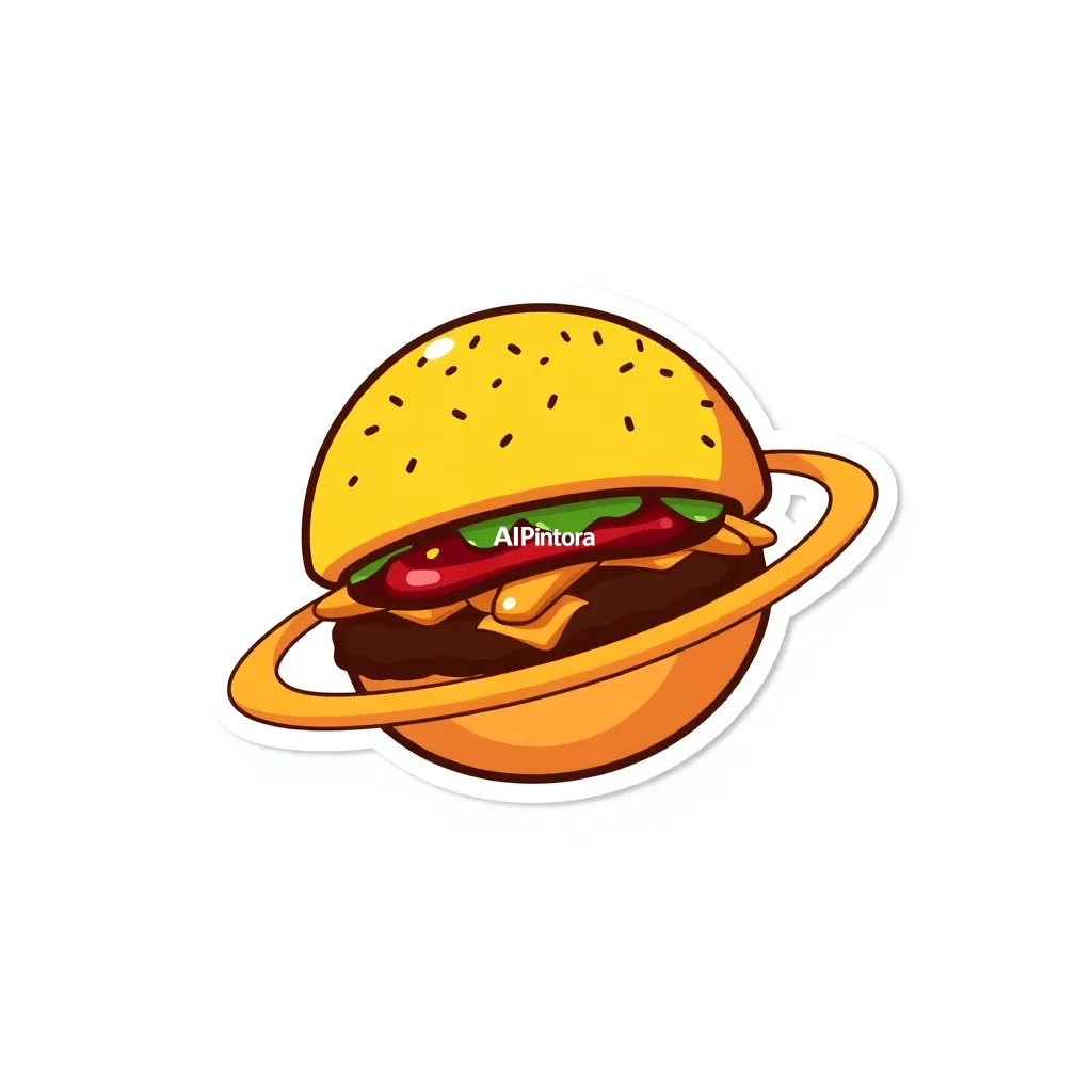 premium die-cut vinyl sticker illustration of a burger planet orbiting a galaxy made of french fries,
    centered isolated artwork, thick bold white outline, glossy sticker finish,
    clean vector cartoon style, cute collectible design, etsy bestseller sticker style,
    vibrant colors, simple readable silhouette, smooth shapes,
    printable sticker pack quality, plain clean background,
    no mockup, no product photo, no background scene, no complex environment, masterpiece, best quality, ultra detailed, sharp focus, cinematic lighting, volumetric lighting, depth of field, global illumination, professional color grading, hyper detailed textures, clean composition, premium visual quality, award winning artwork, 8k