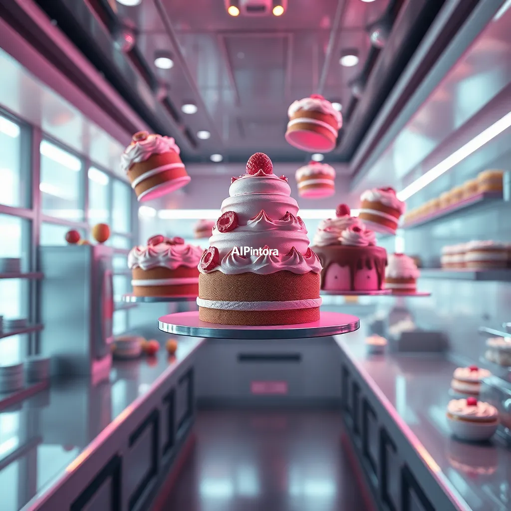 masterpiece surreal concept artwork of a futuristic bakery where cakes float through the air,
    eye catching visual idea, creative object fusion, impossible design concept,
    cinematic storytelling, strong focal subject, beautiful environment,
    dramatic lighting, rich atmosphere, premium digital painting,
    viral social media artwork, highly clickable composition, masterpiece, best quality, ultra detailed, sharp focus, cinematic lighting, volumetric lighting, depth of field, global illumination, professional color grading, hyper detailed textures, clean composition, premium visual quality, award winning artwork, 8k