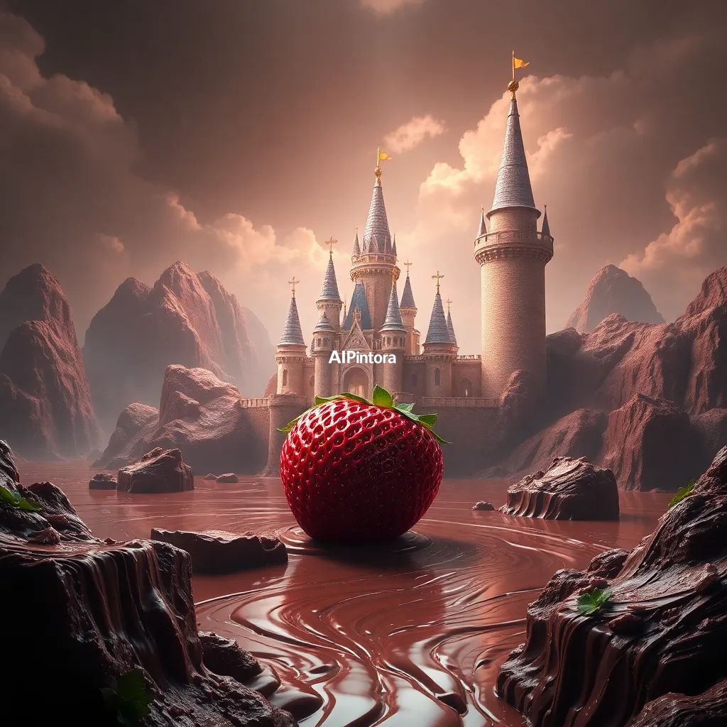 masterpiece surreal concept artwork of giant strawberry castle surrounded by rivers of melted chocolate,
    eye catching visual idea, creative object fusion, impossible design concept,
    cinematic storytelling, strong focal subject, beautiful environment,
    dramatic lighting, rich atmosphere, premium digital painting,
    viral social media artwork, highly clickable composition, masterpiece, best quality, ultra detailed, sharp focus, cinematic lighting, volumetric lighting, depth of field, global illumination, professional color grading, hyper detailed textures, clean composition, premium visual quality, award winning artwork, 8k