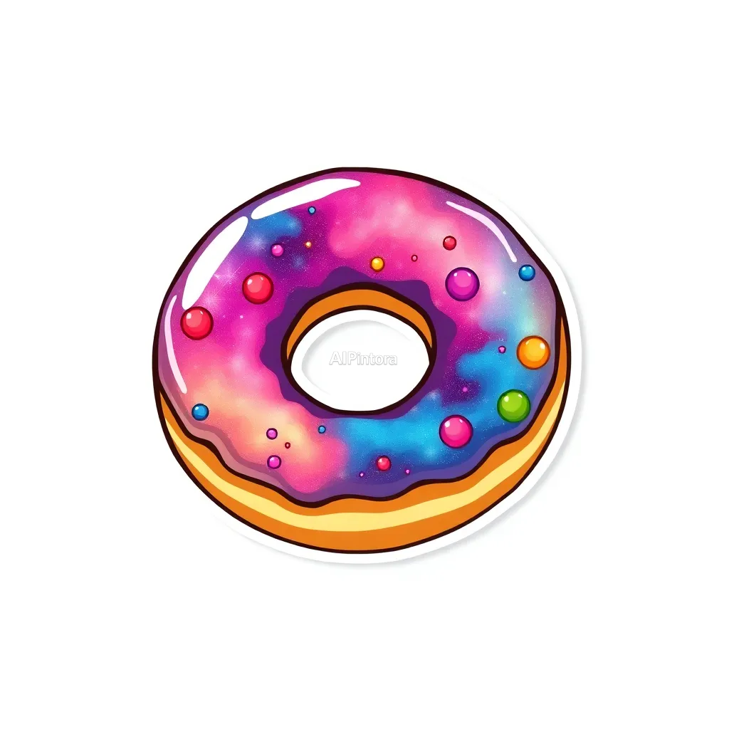 premium die-cut vinyl sticker illustration of a donut galaxy with colorful icing nebula clouds,
    centered isolated artwork, thick bold white outline, glossy sticker finish,
    clean vector cartoon style, cute collectible design, etsy bestseller sticker style,
    vibrant colors, simple readable silhouette, smooth shapes,
    printable sticker pack quality, plain clean background,
    no mockup, no product photo, no background scene, no complex environment, masterpiece, best quality, ultra detailed, sharp focus, cinematic lighting, volumetric lighting, depth of field, global illumination, professional color grading, hyper detailed textures, clean composition, premium visual quality, award winning artwork, 8k