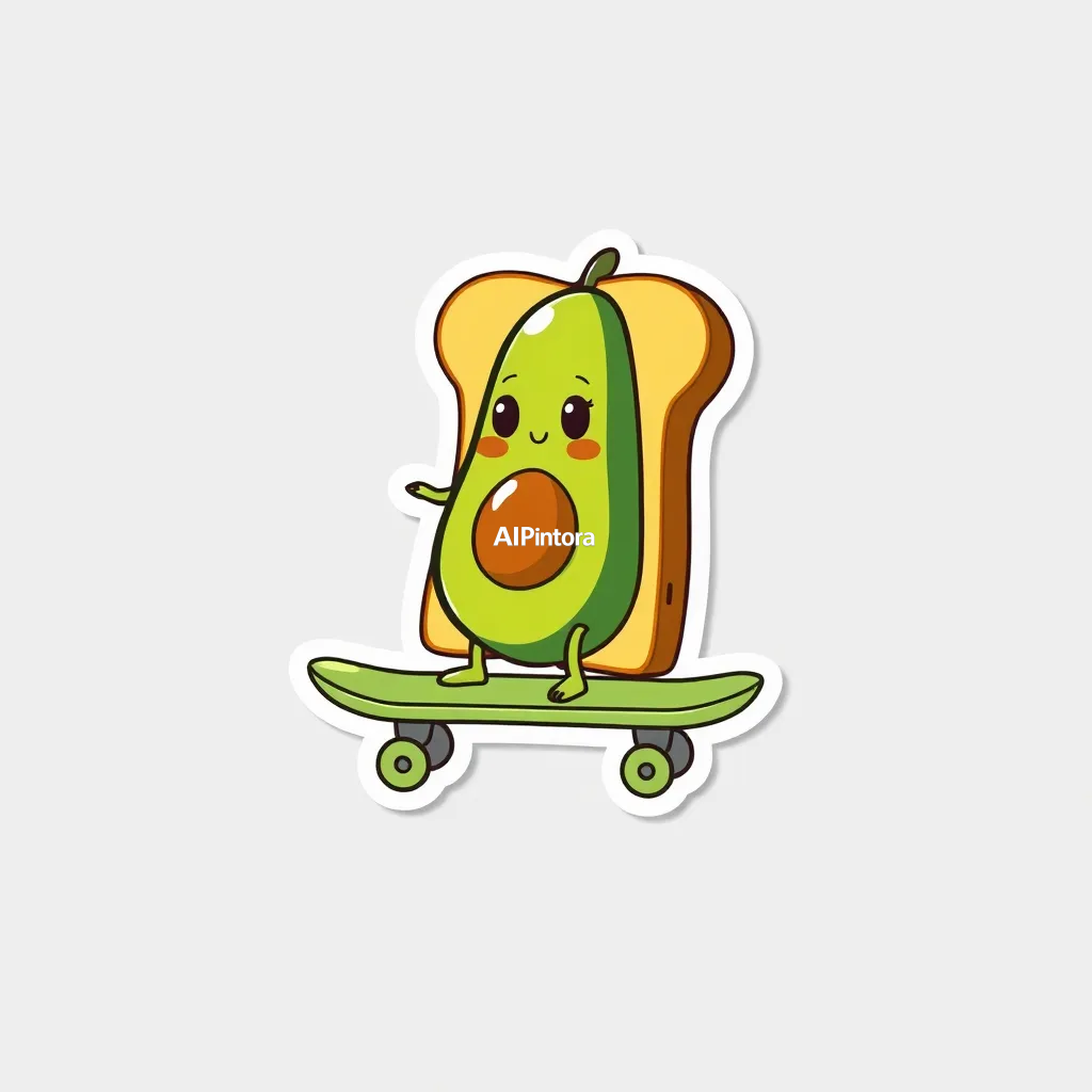 premium die-cut vinyl sticker illustration of cute avocado sticker riding a skateboard made of toast,
    centered isolated artwork, thick bold white outline, glossy sticker finish,
    clean vector cartoon style, cute collectible design, etsy bestseller sticker style,
    vibrant colors, simple readable silhouette, smooth shapes,
    printable sticker pack quality, plain clean background,
    no mockup, no product photo, no background scene, no complex environment, masterpiece, best quality, ultra detailed, sharp focus, cinematic lighting, volumetric lighting, depth of field, global illumination, professional color grading, hyper detailed textures, clean composition, premium visual quality, award winning artwork, 8k