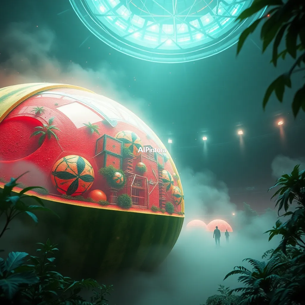 cinematic ultra detailed wallpaper of a giant watermelon transformed into a futuristic biodome city,
    immersive environment, epic wide composition, strong depth, atmospheric perspective,
    dramatic cinematic lighting, volumetric fog, particles, realistic shadows,
    vibrant professional color grading, beautiful background scene,
    desktop and mobile wallpaper quality, wallpaper engine style,
    no text, no watermark, no logo, masterpiece, best quality, ultra detailed, sharp focus, cinematic lighting, volumetric lighting, depth of field, global illumination, professional color grading, hyper detailed textures, clean composition, premium visual quality, award winning artwork, 8k