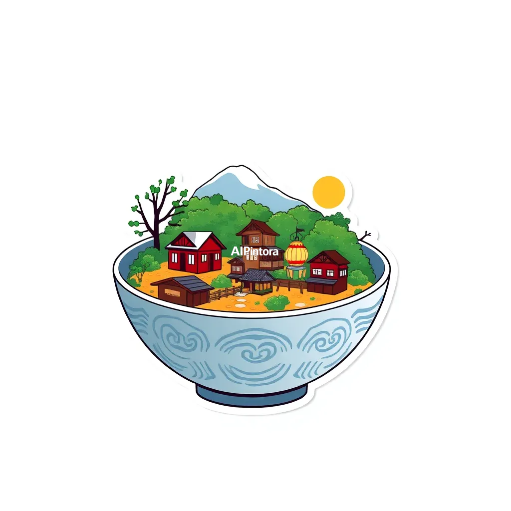 premium die-cut vinyl sticker illustration of giant ramen bowl containing a miniature Japanese village,
    centered isolated artwork, thick bold white outline, glossy sticker finish,
    clean vector cartoon style, cute collectible design, etsy bestseller sticker style,
    vibrant colors, simple readable silhouette, smooth shapes,
    printable sticker pack quality, plain clean background,
    no mockup, no product photo, no background scene, no complex environment, masterpiece, best quality, ultra detailed, sharp focus, cinematic lighting, volumetric lighting, depth of field, global illumination, professional color grading, hyper detailed textures, clean composition, premium visual quality, award winning artwork, 8k