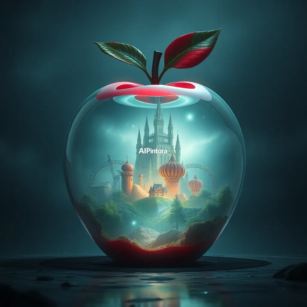 masterpiece surreal concept artwork of a giant transparent apple containing a fantasy civilization,
    eye catching visual idea, creative object fusion, impossible design concept,
    cinematic storytelling, strong focal subject, beautiful environment,
    dramatic lighting, rich atmosphere, premium digital painting,
    viral social media artwork, highly clickable composition, masterpiece, best quality, ultra detailed, sharp focus, cinematic lighting, volumetric lighting, depth of field, global illumination, professional color grading, hyper detailed textures, clean composition, premium visual quality, award winning artwork, 8k