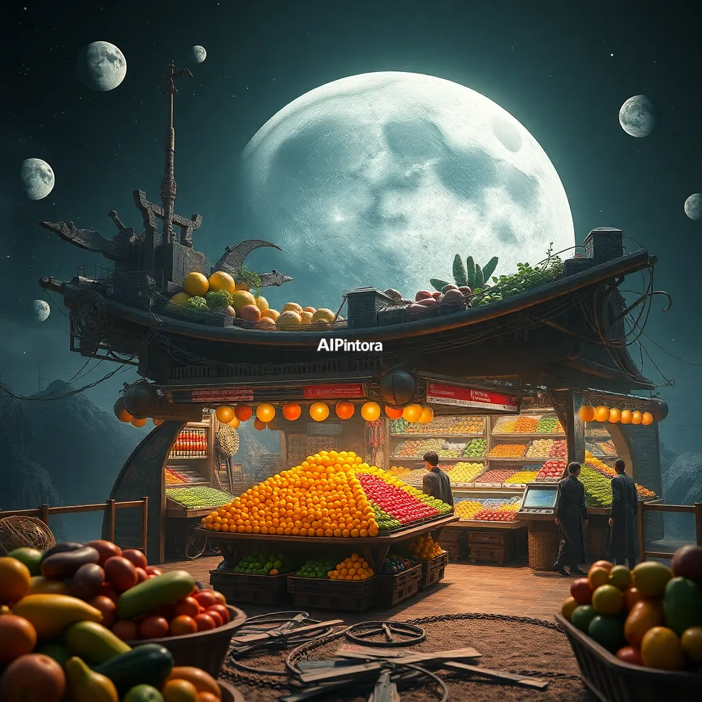 masterpiece surreal concept artwork of a futuristic fruit market on a floating moon colony,
    eye catching visual idea, creative object fusion, impossible design concept,
    cinematic storytelling, strong focal subject, beautiful environment,
    dramatic lighting, rich atmosphere, premium digital painting,
    viral social media artwork, highly clickable composition, masterpiece, best quality, ultra detailed, sharp focus, cinematic lighting, volumetric lighting, depth of field, global illumination, professional color grading, hyper detailed textures, clean composition, premium visual quality, award winning artwork, 8k