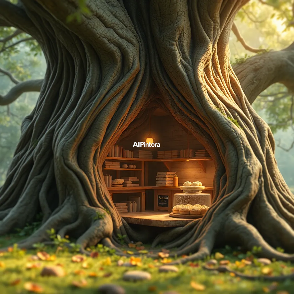 masterpiece surreal concept artwork of a magical bakery inside the roots of an ancient tree,
    eye catching visual idea, creative object fusion, impossible design concept,
    cinematic storytelling, strong focal subject, beautiful environment,
    dramatic lighting, rich atmosphere, premium digital painting,
    viral social media artwork, highly clickable composition, masterpiece, best quality, ultra detailed, sharp focus, cinematic lighting, volumetric lighting, depth of field, global illumination, professional color grading, hyper detailed textures, clean composition, premium visual quality, award winning artwork, 8k