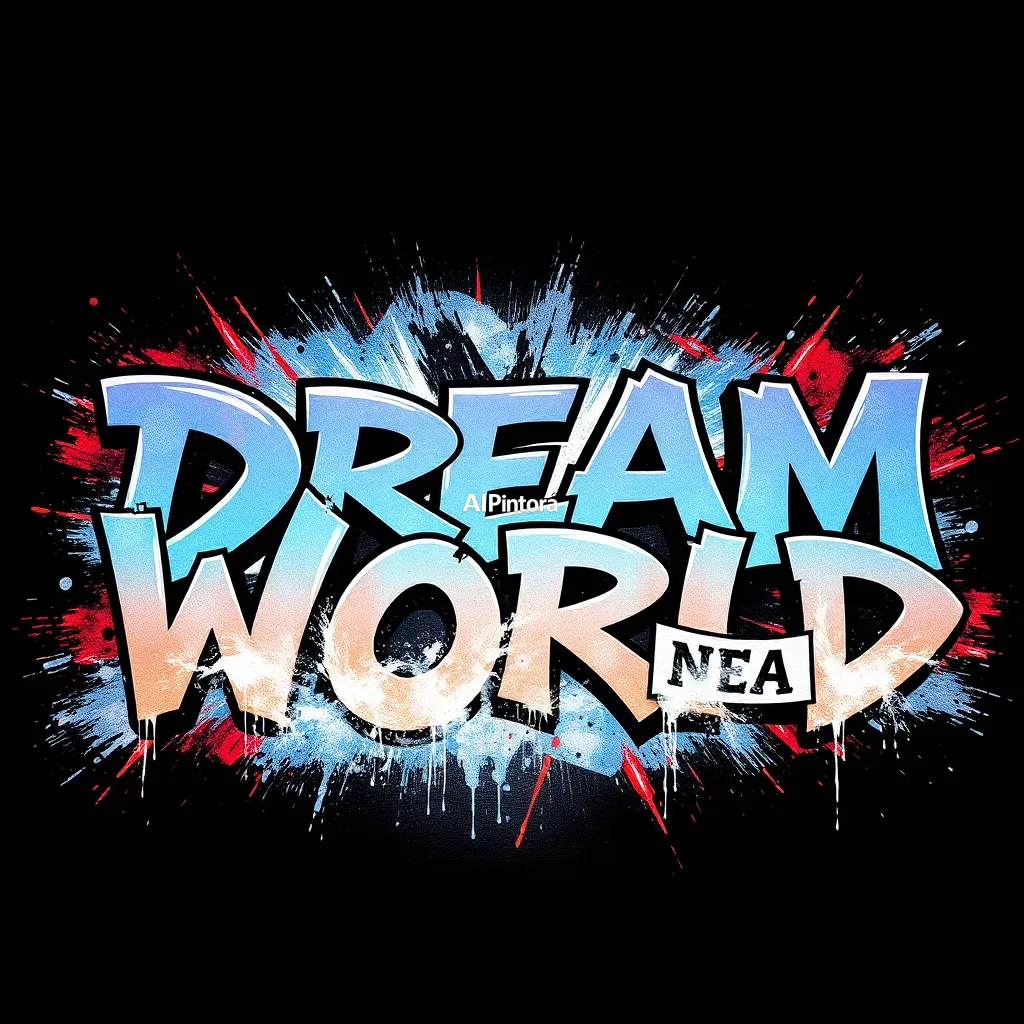 explosive graffiti typography artwork spelling or representing a dream world where rivers flow upward into the sky,
    bold 3D lettering, dripping paint textures, spray paint splashes,
    urban wall art energy, dynamic paint explosion, oversized typography focus,
    underground hip hop aesthetic, high contrast street art composition,
    clean readable main subject, premium poster graphic, masterpiece, best quality, ultra detailed, sharp focus, cinematic lighting, volumetric lighting, depth of field, global illumination, professional color grading, hyper detailed textures, clean composition, premium visual quality, award winning artwork, 8k