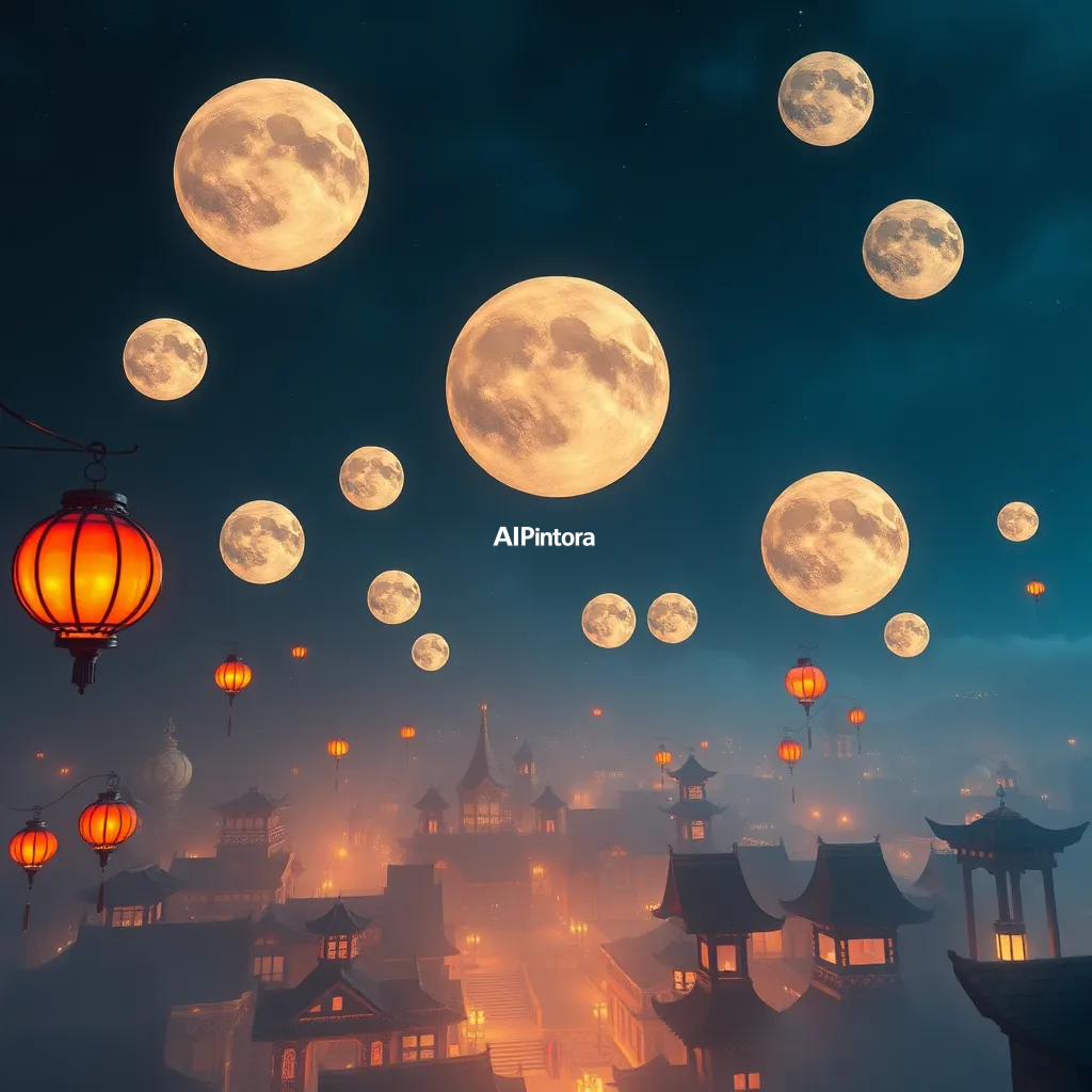 cinematic ultra detailed wallpaper of giant glowing moons hanging like lanterns above a fantasy city,
    immersive environment, epic wide composition, strong depth, atmospheric perspective,
    dramatic cinematic lighting, volumetric fog, particles, realistic shadows,
    vibrant professional color grading, beautiful background scene,
    desktop and mobile wallpaper quality, wallpaper engine style,
    no text, no watermark, no logo, masterpiece, best quality, ultra detailed, sharp focus, cinematic lighting, volumetric lighting, depth of field, global illumination, professional color grading, hyper detailed textures, clean composition, premium visual quality, award winning artwork, 8k