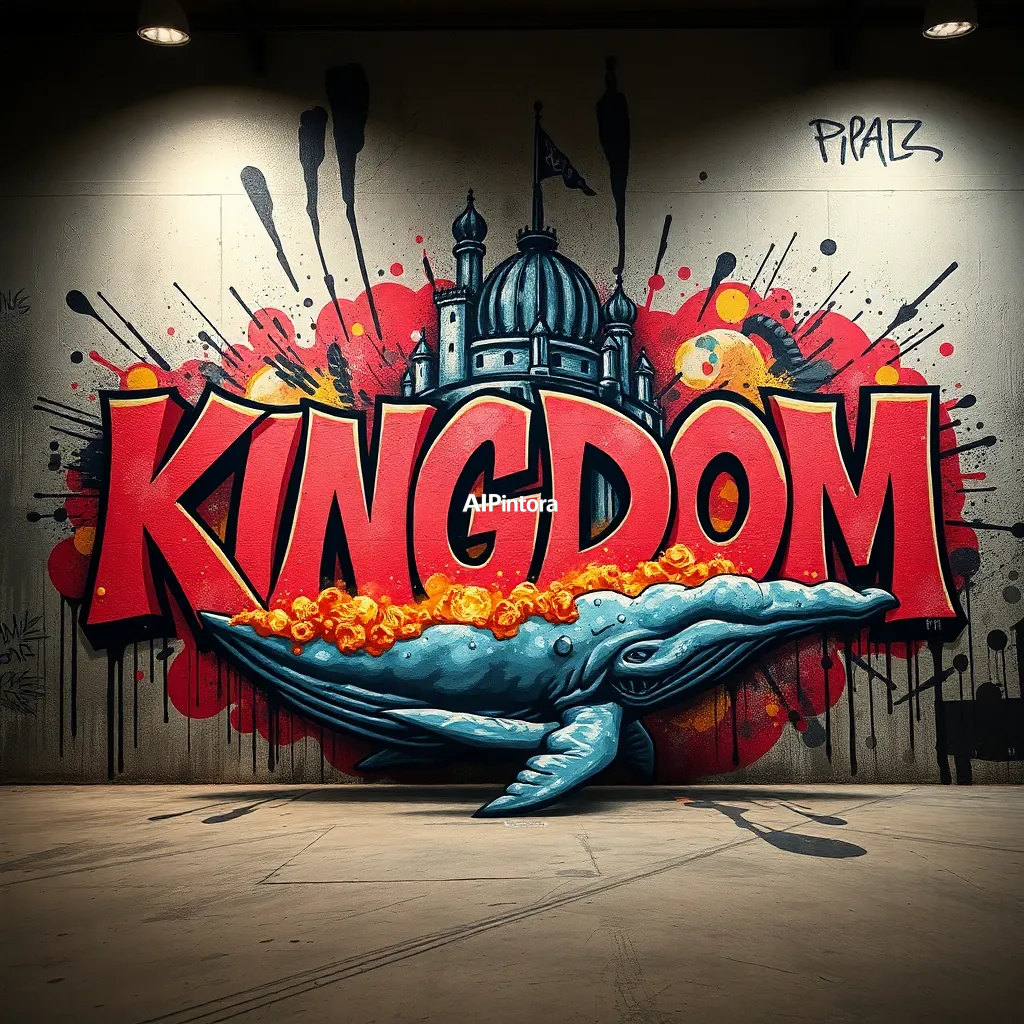 explosive graffiti typography artwork spelling or representing a kingdom built inside a giant sleeping whale,
    bold 3D lettering, dripping paint textures, spray paint splashes,
    urban wall art energy, dynamic paint explosion, oversized typography focus,
    underground hip hop aesthetic, high contrast street art composition,
    clean readable main subject, premium poster graphic, masterpiece, best quality, ultra detailed, sharp focus, cinematic lighting, volumetric lighting, depth of field, global illumination, professional color grading, hyper detailed textures, clean composition, premium visual quality, award winning artwork, 8k
