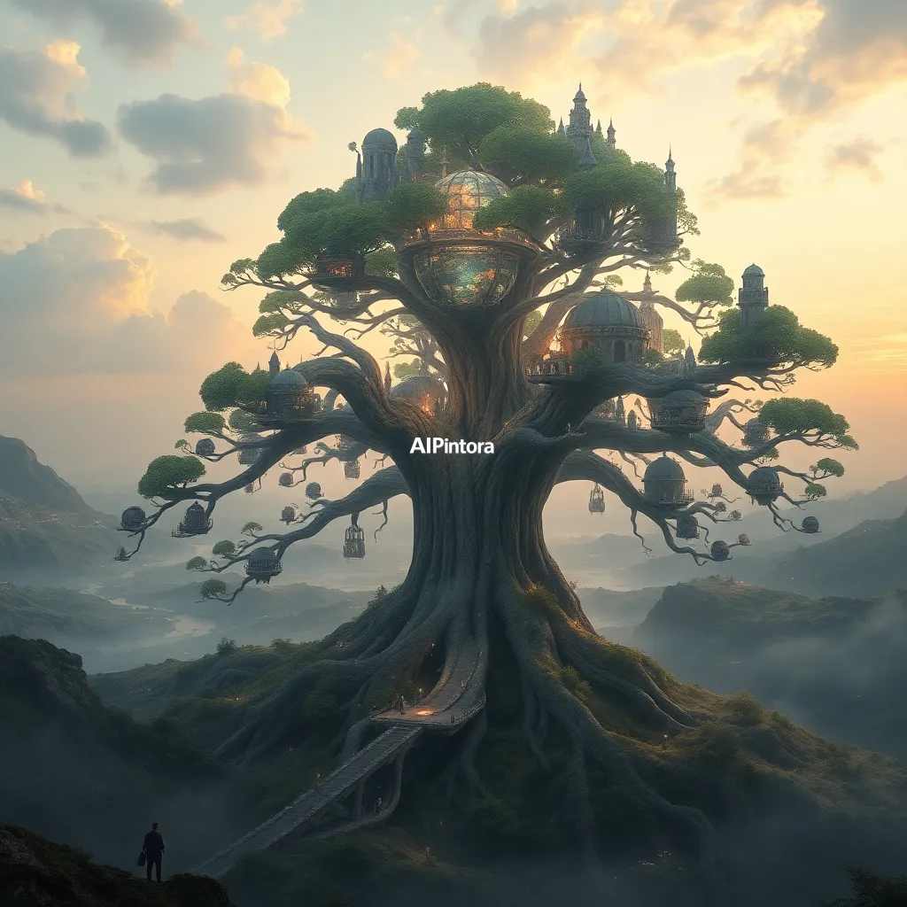 masterpiece surreal concept artwork of a giant tree supporting entire civilizations among its branches,
    eye catching visual idea, creative object fusion, impossible design concept,
    cinematic storytelling, strong focal subject, beautiful environment,
    dramatic lighting, rich atmosphere, premium digital painting,
    viral social media artwork, highly clickable composition, masterpiece, best quality, ultra detailed, sharp focus, cinematic lighting, volumetric lighting, depth of field, global illumination, professional color grading, hyper detailed textures, clean composition, premium visual quality, award winning artwork, 8k