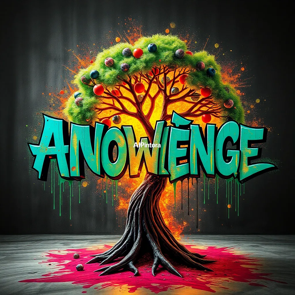 explosive graffiti typography artwork spelling or representing an AI powered tree producing holographic fruits of knowledge,
    bold 3D lettering, dripping paint textures, spray paint splashes,
    urban wall art energy, dynamic paint explosion, oversized typography focus,
    underground hip hop aesthetic, high contrast street art composition,
    clean readable main subject, premium poster graphic, masterpiece, best quality, ultra detailed, sharp focus, cinematic lighting, volumetric lighting, depth of field, global illumination, professional color grading, hyper detailed textures, clean composition, premium visual quality, award winning artwork, 8k