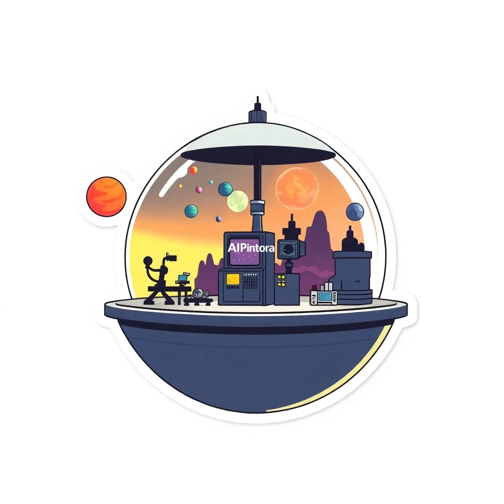 premium die-cut vinyl sticker illustration of a floating research laboratory studying miniature universes,
    centered isolated artwork, thick bold white outline, glossy sticker finish,
    clean vector cartoon style, cute collectible design, etsy bestseller sticker style,
    vibrant colors, simple readable silhouette, smooth shapes,
    printable sticker pack quality, plain clean background,
    no mockup, no product photo, no background scene, no complex environment, masterpiece, best quality, ultra detailed, sharp focus, cinematic lighting, volumetric lighting, depth of field, global illumination, professional color grading, hyper detailed textures, clean composition, premium visual quality, award winning artwork, 8k