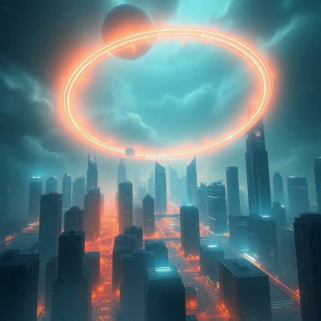 cinematic ultra detailed wallpaper of an advanced city powered by giant energy rings in the sky,
    immersive environment, epic wide composition, strong depth, atmospheric perspective,
    dramatic cinematic lighting, volumetric fog, particles, realistic shadows,
    vibrant professional color grading, beautiful background scene,
    desktop and mobile wallpaper quality, wallpaper engine style,
    no text, no watermark, no logo, masterpiece, best quality, ultra detailed, sharp focus, cinematic lighting, volumetric lighting, depth of field, global illumination, professional color grading, hyper detailed textures, clean composition, premium visual quality, award winning artwork, 8k