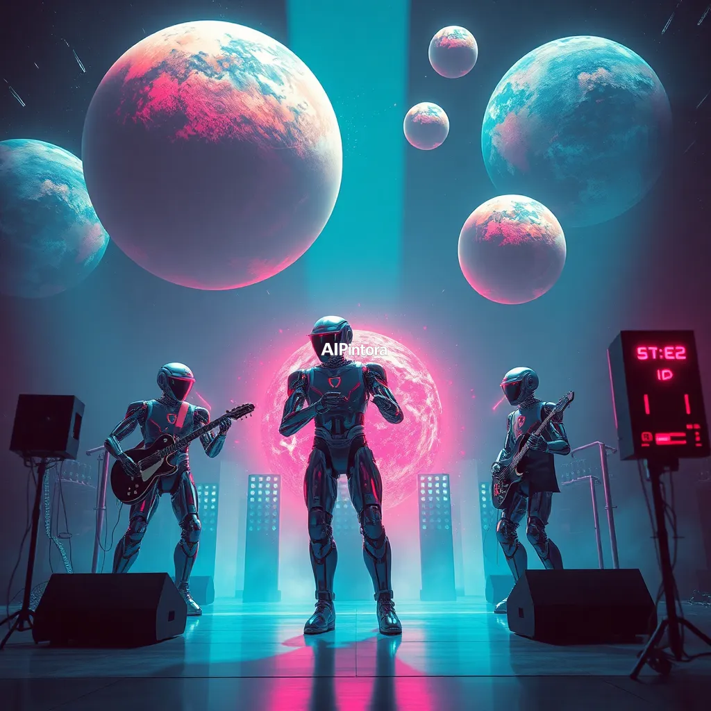 premium streetwear concept artwork of robot musicians performing beneath floating holographic planets,
    luxury urban fashion aesthetic, bold centered composition, hypebeast culture mood,
    neon accents, chrome details, graffiti splash elements, dramatic shadows,
    high contrast color palette, oversized apparel graphic energy,
    premium Gen Z street culture style, masterpiece, best quality, ultra detailed, sharp focus, cinematic lighting, volumetric lighting, depth of field, global illumination, professional color grading, hyper detailed textures, clean composition, premium visual quality, award winning artwork, 8k