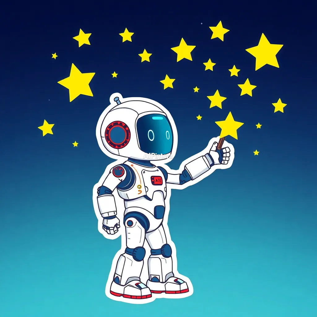 premium die-cut vinyl sticker illustration of cute AI robot sticker painting stars across the sky,
    centered isolated artwork, thick bold white outline, glossy sticker finish,
    clean vector cartoon style, cute collectible design, etsy bestseller sticker style,
    vibrant colors, simple readable silhouette, smooth shapes,
    printable sticker pack quality, plain clean background,
    no mockup, no product photo, no background scene, no complex environment, masterpiece, best quality, ultra detailed, sharp focus, cinematic lighting, volumetric lighting, depth of field, global illumination, professional color grading, hyper detailed textures, clean composition, premium visual quality, award winning artwork, 8k