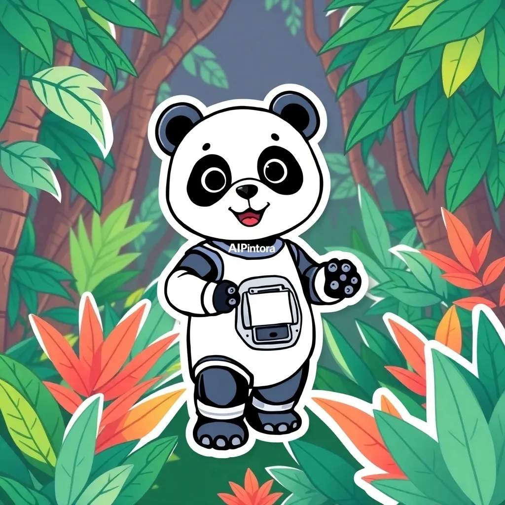 premium die-cut vinyl sticker illustration of cute robot panda sticker exploring a digital jungle,
    centered isolated artwork, thick bold white outline, glossy sticker finish,
    clean vector cartoon style, cute collectible design, etsy bestseller sticker style,
    vibrant colors, simple readable silhouette, smooth shapes,
    printable sticker pack quality, plain clean background,
    no mockup, no product photo, no background scene, no complex environment, masterpiece, best quality, ultra detailed, sharp focus, cinematic lighting, volumetric lighting, depth of field, global illumination, professional color grading, hyper detailed textures, clean composition, premium visual quality, award winning artwork, 8k