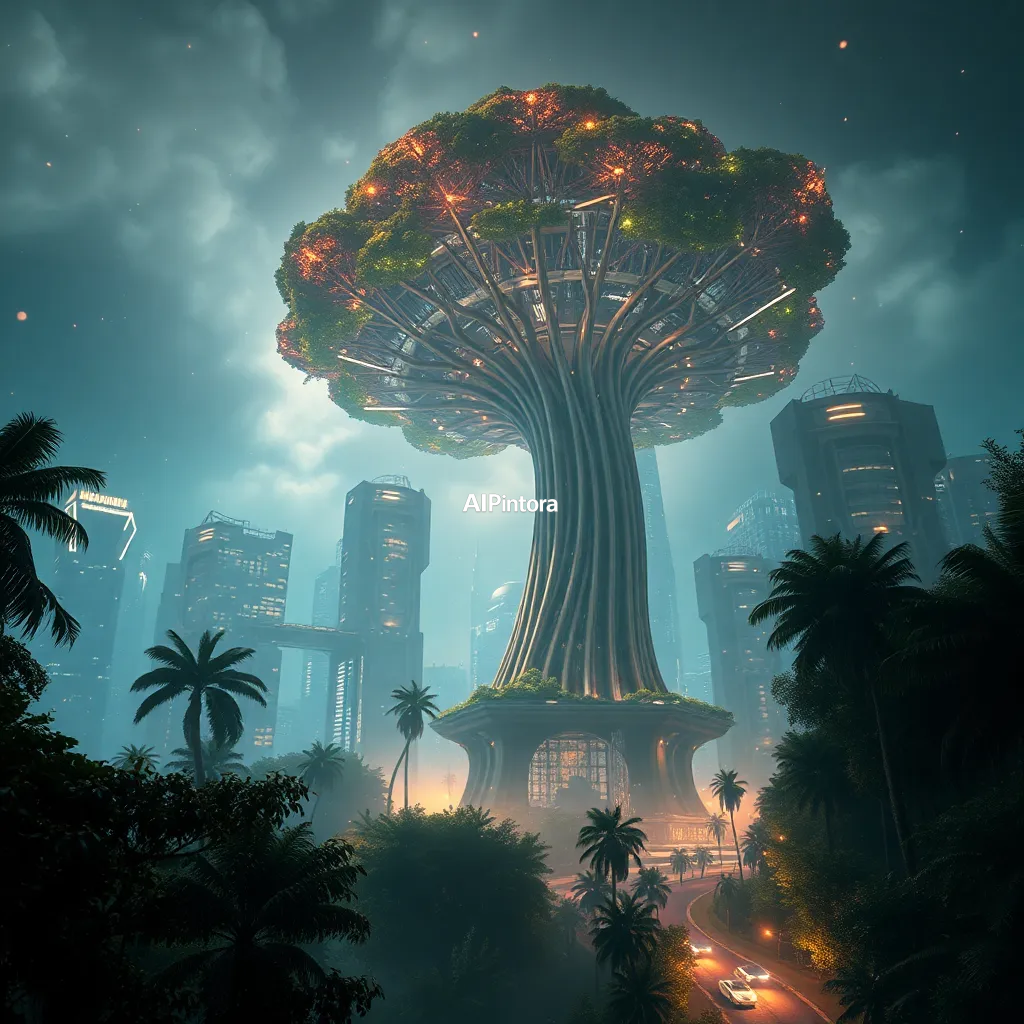 cinematic ultra detailed wallpaper of a futuristic eco city growing from a giant artificial tree,
    immersive environment, epic wide composition, strong depth, atmospheric perspective,
    dramatic cinematic lighting, volumetric fog, particles, realistic shadows,
    vibrant professional color grading, beautiful background scene,
    desktop and mobile wallpaper quality, wallpaper engine style,
    no text, no watermark, no logo, masterpiece, best quality, ultra detailed, sharp focus, cinematic lighting, volumetric lighting, depth of field, global illumination, professional color grading, hyper detailed textures, clean composition, premium visual quality, award winning artwork, 8k