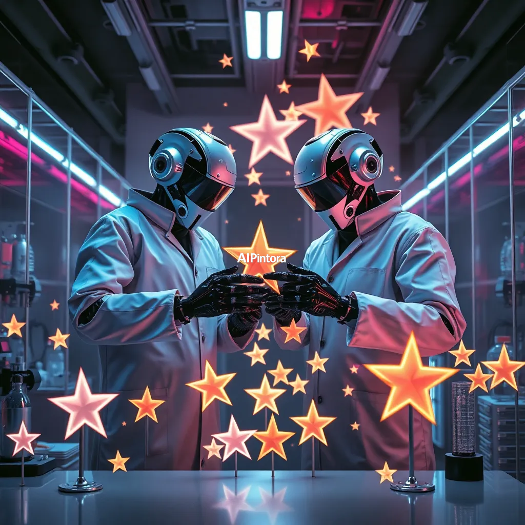 premium streetwear concept artwork of robot scientists creating stars inside a laboratory,
    luxury urban fashion aesthetic, bold centered composition, hypebeast culture mood,
    neon accents, chrome details, graffiti splash elements, dramatic shadows,
    high contrast color palette, oversized apparel graphic energy,
    premium Gen Z street culture style, masterpiece, best quality, ultra detailed, sharp focus, cinematic lighting, volumetric lighting, depth of field, global illumination, professional color grading, hyper detailed textures, clean composition, premium visual quality, award winning artwork, 8k