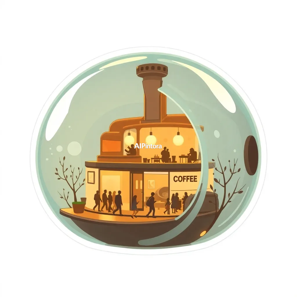 premium die-cut vinyl sticker illustration of a futuristic coffee shop built inside a giant glass coffee bean, miniature people walking through glowing streets, warm lighting, highly detailed concept illustration,
    centered isolated artwork, thick bold white outline, glossy sticker finish,
    clean vector cartoon style, cute collectible design, etsy bestseller sticker style,
    vibrant colors, simple readable silhouette, smooth shapes,
    printable sticker pack quality, plain clean background,
    no mockup, no product photo, no background scene, no complex environment, masterpiece, best quality, ultra detailed, sharp focus, cinematic lighting, volumetric lighting, depth of field, global illumination, professional color grading, hyper detailed textures, clean composition, premium visual quality, award winning artwork, 8k