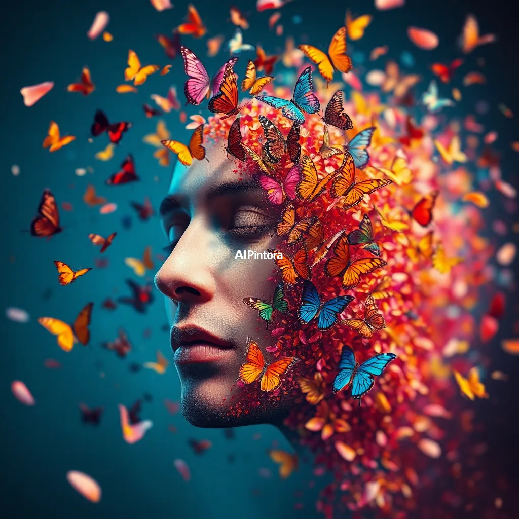 masterpiece surreal concept artwork of human face dissolving into thousands of colorful butterflies and flower petals, emotional transformation concept, vibrant colors, gallery quality mixed media artwork,
    eye catching visual idea, creative object fusion, impossible design concept,
    cinematic storytelling, strong focal subject, beautiful environment,
    dramatic lighting, rich atmosphere, premium digital painting,
    viral social media artwork, highly clickable composition, masterpiece, best quality, ultra detailed, sharp focus, cinematic lighting, volumetric lighting, depth of field, global illumination, professional color grading, hyper detailed textures, clean composition, premium visual quality, award winning artwork, 8k