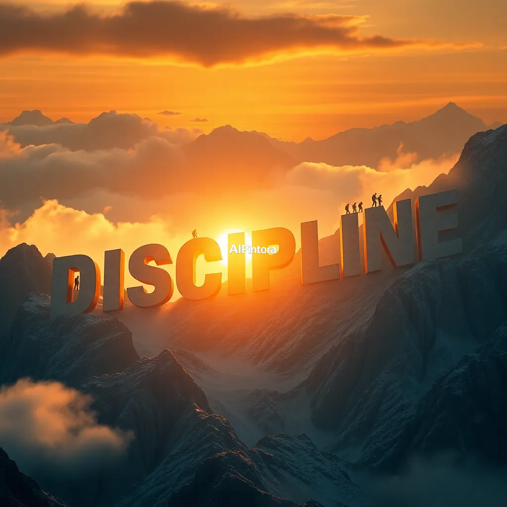 cinematic ultra detailed wallpaper of word DISCIPLINE carved into a giant mountain range, climbers ascending each letter, sunrise lighting, motivational masterpiece artwork,
    immersive environment, epic wide composition, strong depth, atmospheric perspective,
    dramatic cinematic lighting, volumetric fog, particles, realistic shadows,
    vibrant professional color grading, beautiful background scene,
    desktop and mobile wallpaper quality, wallpaper engine style,
    no text, no watermark, no logo, masterpiece, best quality, ultra detailed, sharp focus, cinematic lighting, volumetric lighting, depth of field, global illumination, professional color grading, hyper detailed textures, clean composition, premium visual quality, award winning artwork, 8k