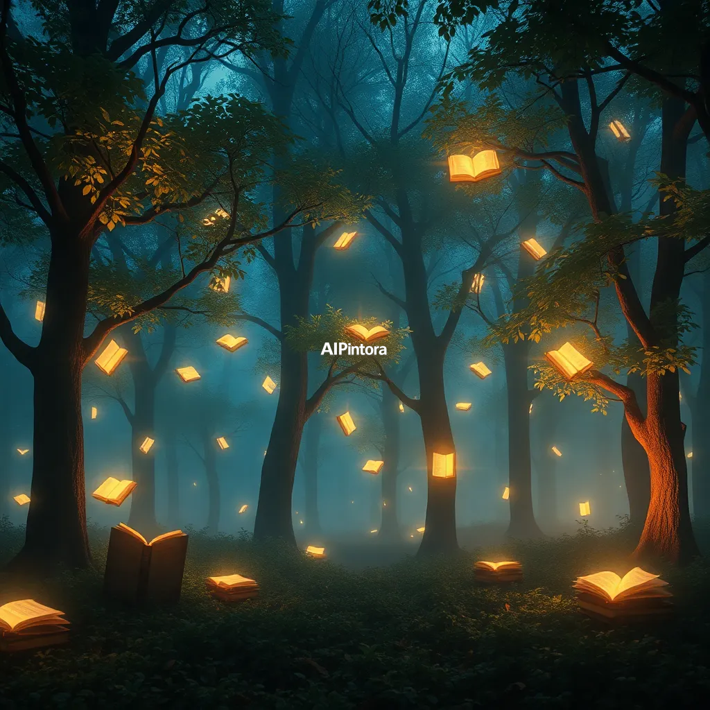cinematic ultra detailed wallpaper of a magical forest where trees grow glowing books instead of leaves, floating pages drifting through the air, fantasy storytelling artwork,
    immersive environment, epic wide composition, strong depth, atmospheric perspective,
    dramatic cinematic lighting, volumetric fog, particles, realistic shadows,
    vibrant professional color grading, beautiful background scene,
    desktop and mobile wallpaper quality, wallpaper engine style,
    no text, no watermark, no logo, masterpiece, best quality, ultra detailed, sharp focus, cinematic lighting, volumetric lighting, depth of field, global illumination, professional color grading, hyper detailed textures, clean composition, premium visual quality, award winning artwork, 8k