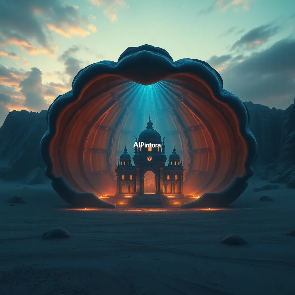 cinematic ultra detailed wallpaper of an ancient temple hidden inside a giant seashell on a glowing beach, fantasy architecture, cinematic sunset lighting,
    immersive environment, epic wide composition, strong depth, atmospheric perspective,
    dramatic cinematic lighting, volumetric fog, particles, realistic shadows,
    vibrant professional color grading, beautiful background scene,
    desktop and mobile wallpaper quality, wallpaper engine style,
    no text, no watermark, no logo, masterpiece, best quality, ultra detailed, sharp focus, cinematic lighting, volumetric lighting, depth of field, global illumination, professional color grading, hyper detailed textures, clean composition, premium visual quality, award winning artwork, 8k