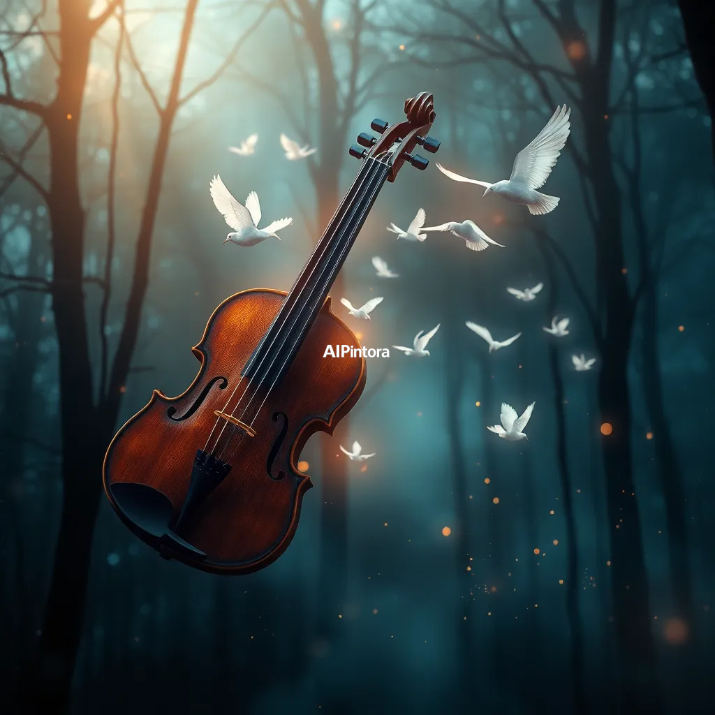 cinematic ultra detailed wallpaper of a magical violin whose music creates living birds made of light, floating through a fantasy forest, emotional storytelling artwork,
    immersive environment, epic wide composition, strong depth, atmospheric perspective,
    dramatic cinematic lighting, volumetric fog, particles, realistic shadows,
    vibrant professional color grading, beautiful background scene,
    desktop and mobile wallpaper quality, wallpaper engine style,
    no text, no watermark, no logo, masterpiece, best quality, ultra detailed, sharp focus, cinematic lighting, volumetric lighting, depth of field, global illumination, professional color grading, hyper detailed textures, clean composition, premium visual quality, award winning artwork, 8k