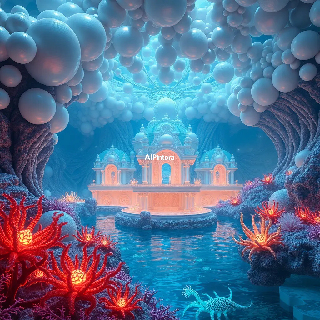 masterpiece surreal concept artwork of an underwater palace made from giant pearls and coral crystals, illuminated by bioluminescent sea creatures, luxury fantasy environment,
    eye catching visual idea, creative object fusion, impossible design concept,
    cinematic storytelling, strong focal subject, beautiful environment,
    dramatic lighting, rich atmosphere, premium digital painting,
    viral social media artwork, highly clickable composition, masterpiece, best quality, ultra detailed, sharp focus, cinematic lighting, volumetric lighting, depth of field, global illumination, professional color grading, hyper detailed textures, clean composition, premium visual quality, award winning artwork, 8k