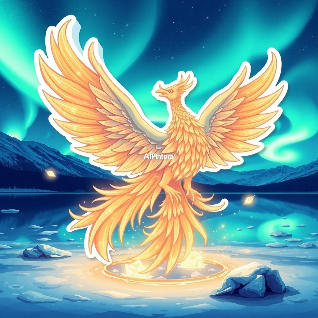 premium die-cut vinyl sticker illustration of a crystal phoenix rising from a frozen lake beneath the northern lights, glowing feathers scattering light particles, epic fantasy masterpiece,
    centered isolated artwork, thick bold white outline, glossy sticker finish,
    clean vector cartoon style, cute collectible design, etsy bestseller sticker style,
    vibrant colors, simple readable silhouette, smooth shapes,
    printable sticker pack quality, plain clean background,
    no mockup, no product photo, no background scene, no complex environment, masterpiece, best quality, ultra detailed, sharp focus, cinematic lighting, volumetric lighting, depth of field, global illumination, professional color grading, hyper detailed textures, clean composition, premium visual quality, award winning artwork, 8k