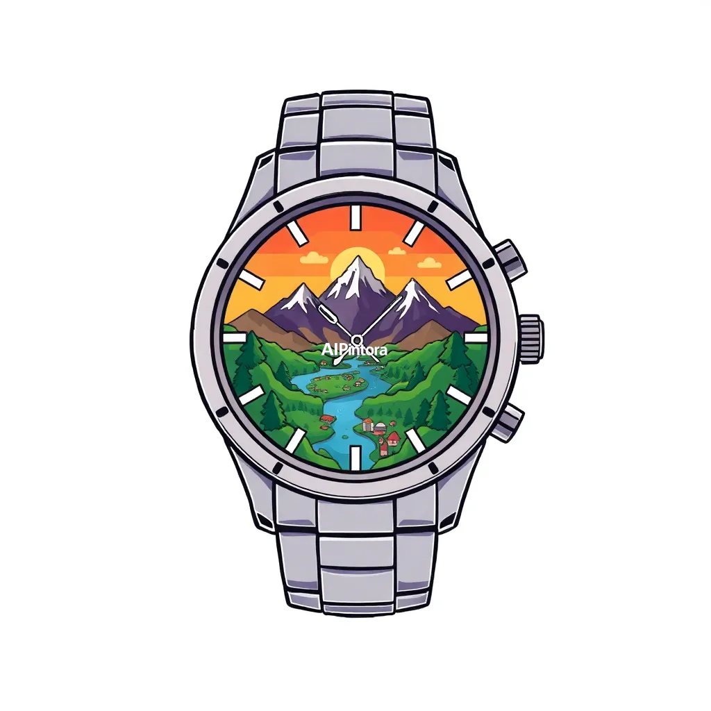 premium die-cut vinyl sticker illustration of a luxury wristwatch containing an entire miniature world beneath the glass, mountains, rivers and cities visible inside, premium concept illustration,
    centered isolated artwork, thick bold white outline, glossy sticker finish,
    clean vector cartoon style, cute collectible design, etsy bestseller sticker style,
    vibrant colors, simple readable silhouette, smooth shapes,
    printable sticker pack quality, plain clean background,
    no mockup, no product photo, no background scene, no complex environment, masterpiece, best quality, ultra detailed, sharp focus, cinematic lighting, volumetric lighting, depth of field, global illumination, professional color grading, hyper detailed textures, clean composition, premium visual quality, award winning artwork, 8k