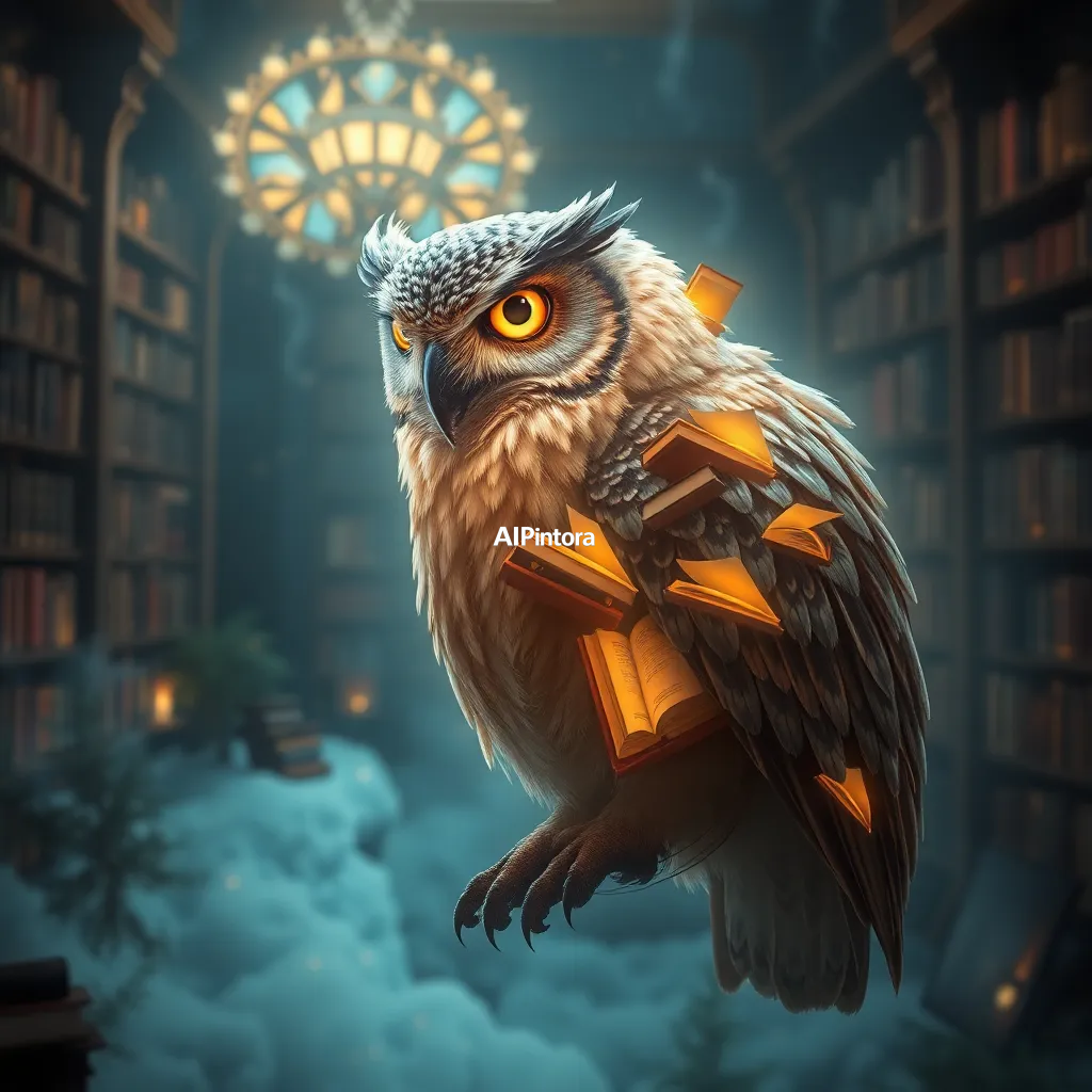 masterpiece surreal concept artwork of an owl library where each feather is a glowing book, knowledge and wisdom theme, fantasy illustration, ultra detailed concept art,
    eye catching visual idea, creative object fusion, impossible design concept,
    cinematic storytelling, strong focal subject, beautiful environment,
    dramatic lighting, rich atmosphere, premium digital painting,
    viral social media artwork, highly clickable composition, masterpiece, best quality, ultra detailed, sharp focus, cinematic lighting, volumetric lighting, depth of field, global illumination, professional color grading, hyper detailed textures, clean composition, premium visual quality, award winning artwork, 8k