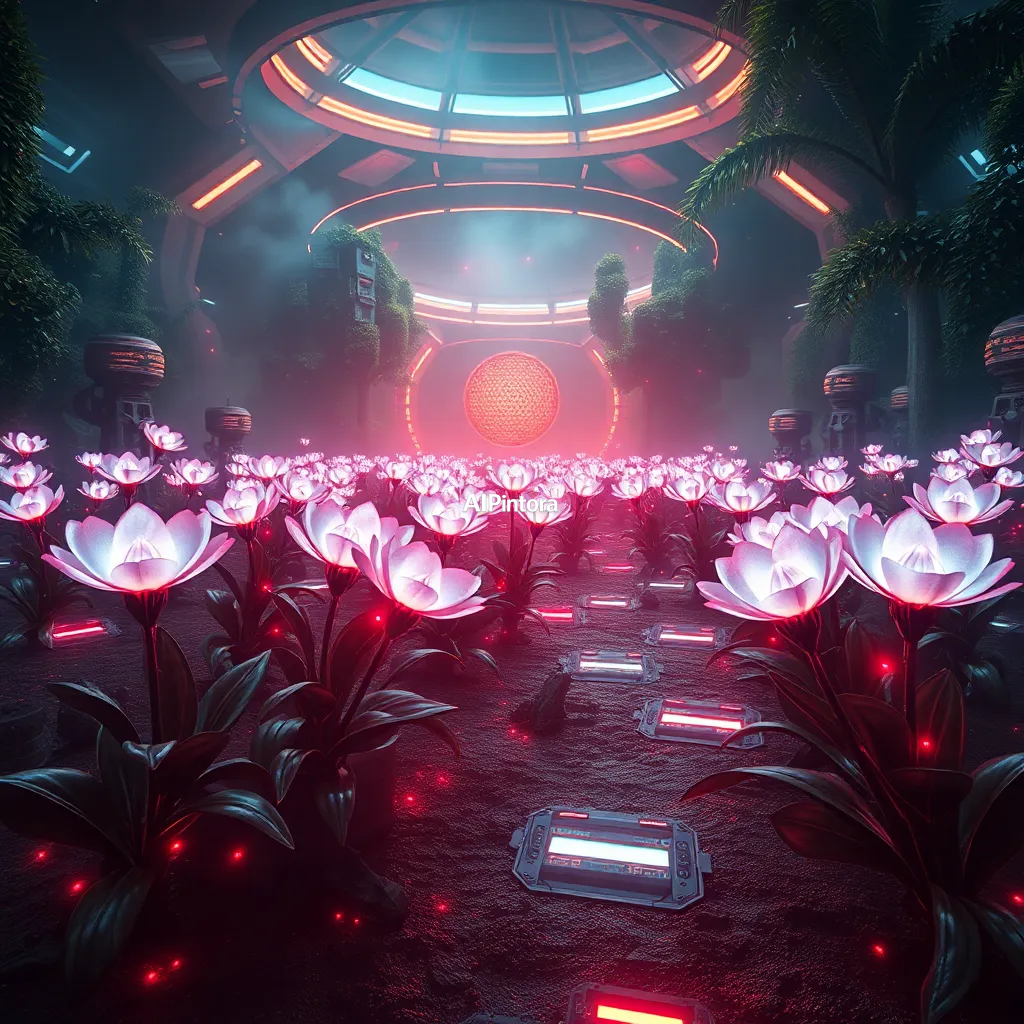 cinematic ultra detailed wallpaper of a futuristic garden where robotic flowers bloom with holographic petals, glowing pathways, cinematic science fiction atmosphere,
    immersive environment, epic wide composition, strong depth, atmospheric perspective,
    dramatic cinematic lighting, volumetric fog, particles, realistic shadows,
    vibrant professional color grading, beautiful background scene,
    desktop and mobile wallpaper quality, wallpaper engine style,
    no text, no watermark, no logo, masterpiece, best quality, ultra detailed, sharp focus, cinematic lighting, volumetric lighting, depth of field, global illumination, professional color grading, hyper detailed textures, clean composition, premium visual quality, award winning artwork, 8k