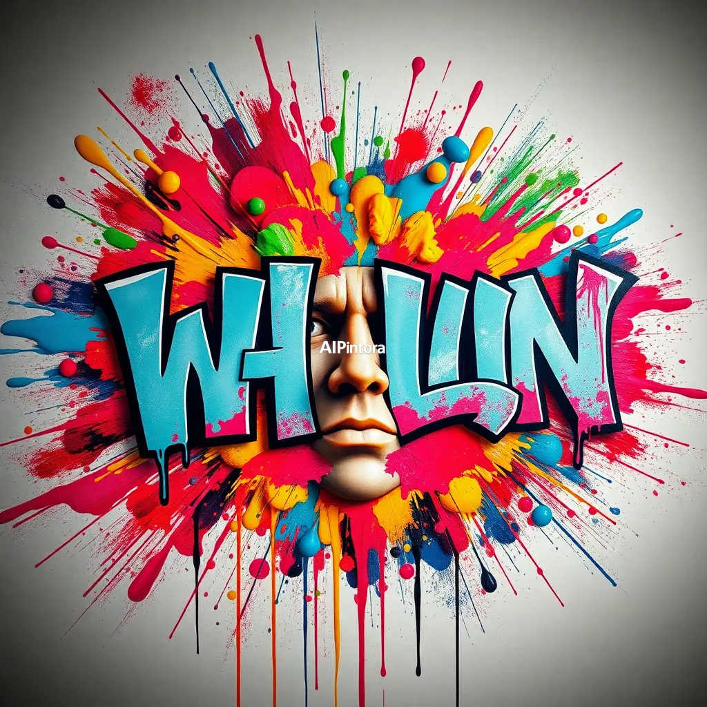 explosive graffiti typography artwork spelling or representing a human face emerging from colorful paint explosions and abstract textures, mixed media contemporary art style, gallery quality masterpiece,
    bold 3D lettering, dripping paint textures, spray paint splashes,
    urban wall art energy, dynamic paint explosion, oversized typography focus,
    underground hip hop aesthetic, high contrast street art composition,
    clean readable main subject, premium poster graphic, masterpiece, best quality, ultra detailed, sharp focus, cinematic lighting, volumetric lighting, depth of field, global illumination, professional color grading, hyper detailed textures, clean composition, premium visual quality, award winning artwork, 8k
