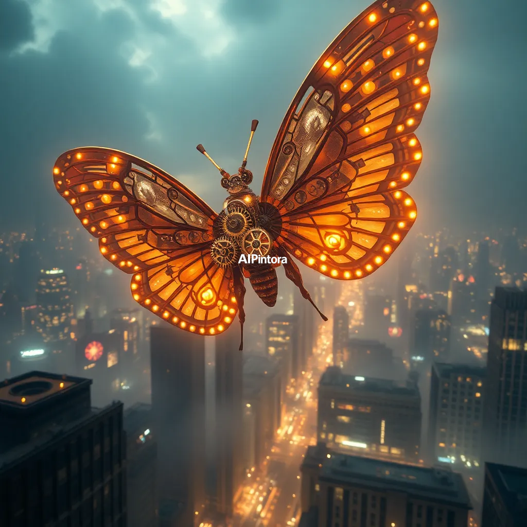 cinematic ultra detailed wallpaper of a giant mechanical butterfly powered by golden clockwork gears, flying above a futuristic city, steampunk sci fi artwork,
    immersive environment, epic wide composition, strong depth, atmospheric perspective,
    dramatic cinematic lighting, volumetric fog, particles, realistic shadows,
    vibrant professional color grading, beautiful background scene,
    desktop and mobile wallpaper quality, wallpaper engine style,
    no text, no watermark, no logo, masterpiece, best quality, ultra detailed, sharp focus, cinematic lighting, volumetric lighting, depth of field, global illumination, professional color grading, hyper detailed textures, clean composition, premium visual quality, award winning artwork, 8k
