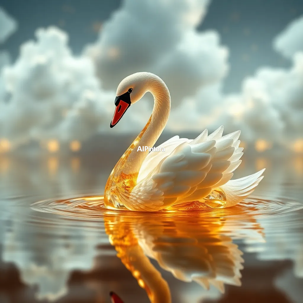 masterpiece surreal concept artwork of a luxury perfume advertisement featuring a crystal swan emerging from a lake of liquid gold, premium commercial concept,
    eye catching visual idea, creative object fusion, impossible design concept,
    cinematic storytelling, strong focal subject, beautiful environment,
    dramatic lighting, rich atmosphere, premium digital painting,
    viral social media artwork, highly clickable composition, masterpiece, best quality, ultra detailed, sharp focus, cinematic lighting, volumetric lighting, depth of field, global illumination, professional color grading, hyper detailed textures, clean composition, premium visual quality, award winning artwork, 8k