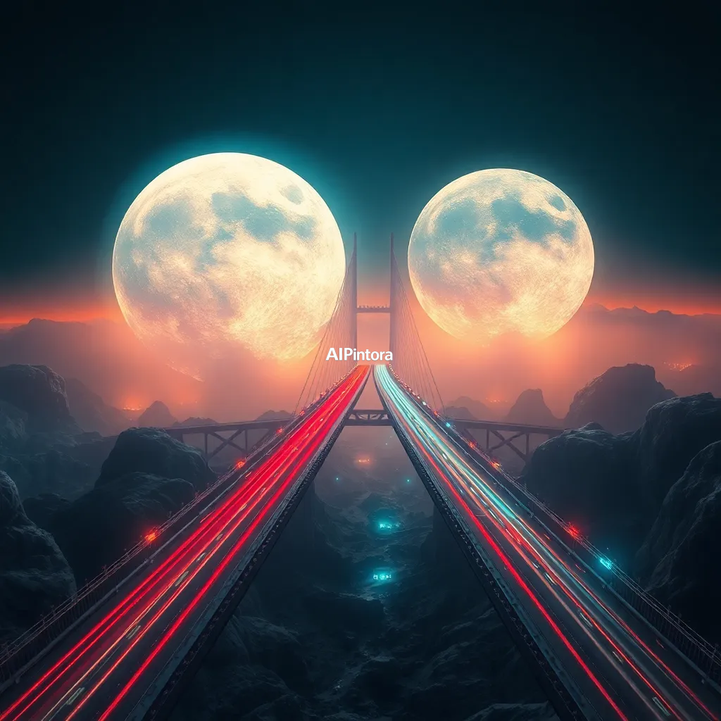 masterpiece surreal concept artwork of a futuristic bridge connecting two moons, glowing traffic streams, epic science fiction environment,
    eye catching visual idea, creative object fusion, impossible design concept,
    cinematic storytelling, strong focal subject, beautiful environment,
    dramatic lighting, rich atmosphere, premium digital painting,
    viral social media artwork, highly clickable composition, masterpiece, best quality, ultra detailed, sharp focus, cinematic lighting, volumetric lighting, depth of field, global illumination, professional color grading, hyper detailed textures, clean composition, premium visual quality, award winning artwork, 8k