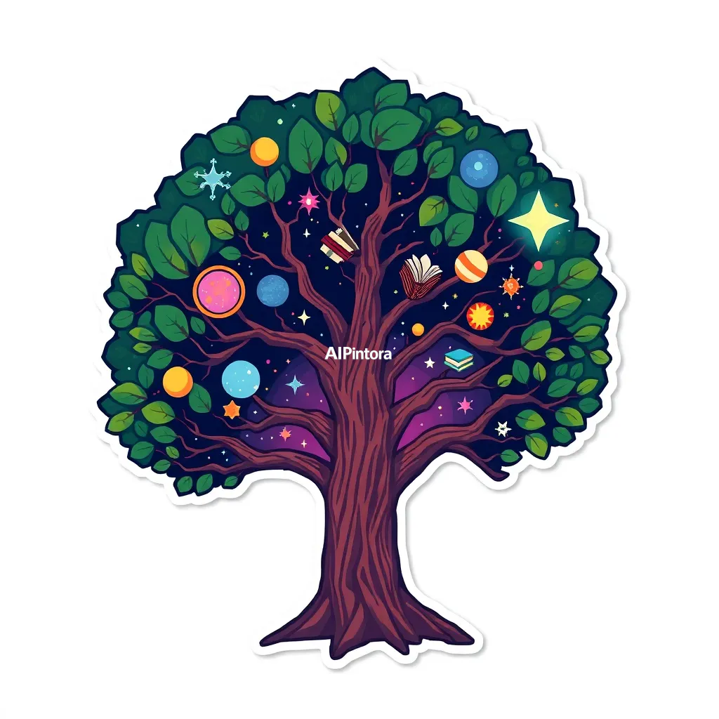 premium die-cut vinyl sticker illustration of a tree of knowledge growing books, galaxies and stars from its branches, surreal educational concept art,
    centered isolated artwork, thick bold white outline, glossy sticker finish,
    clean vector cartoon style, cute collectible design, etsy bestseller sticker style,
    vibrant colors, simple readable silhouette, smooth shapes,
    printable sticker pack quality, plain clean background,
    no mockup, no product photo, no background scene, no complex environment, masterpiece, best quality, ultra detailed, sharp focus, cinematic lighting, volumetric lighting, depth of field, global illumination, professional color grading, hyper detailed textures, clean composition, premium visual quality, award winning artwork, 8k