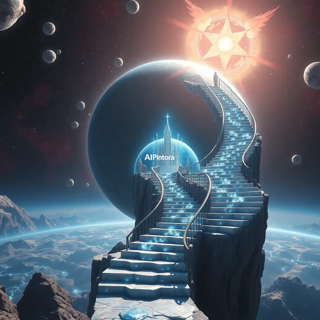 masterpiece surreal concept artwork of a giant crystal staircase spiraling around a planet toward a celestial palace, ultra detailed fantasy illustration,
    eye catching visual idea, creative object fusion, impossible design concept,
    cinematic storytelling, strong focal subject, beautiful environment,
    dramatic lighting, rich atmosphere, premium digital painting,
    viral social media artwork, highly clickable composition, masterpiece, best quality, ultra detailed, sharp focus, cinematic lighting, volumetric lighting, depth of field, global illumination, professional color grading, hyper detailed textures, clean composition, premium visual quality, award winning artwork, 8k